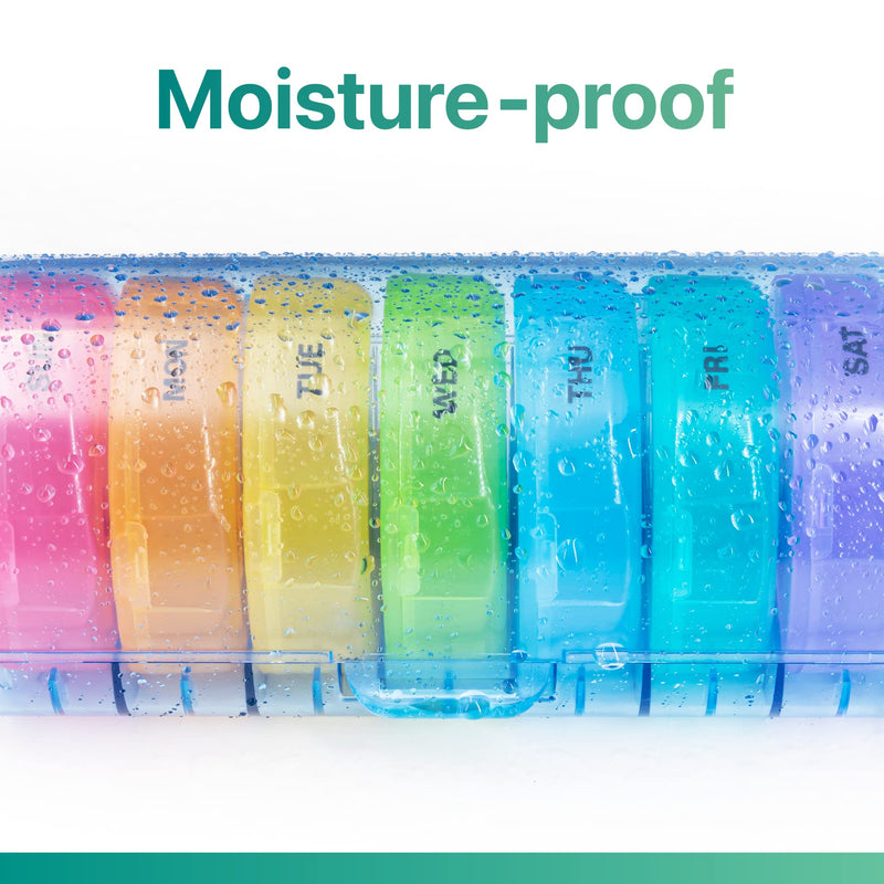 a plastic container with different colored round objects with text: 'Moisture-proof TUE'