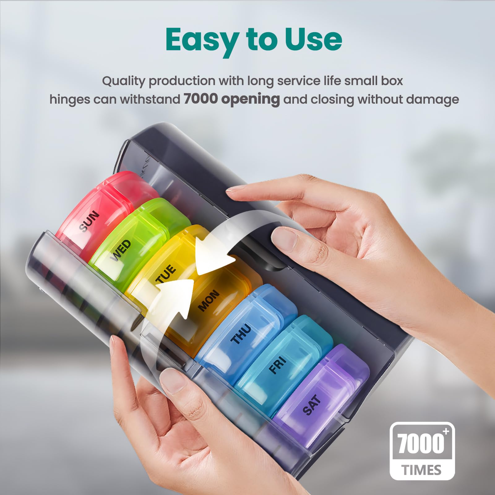 a hand holding a plastic container with colorful plastic containers with text: 'hinges can withstand 7000 opening and closing without damage Quality production with long service life small box Easy to Use SUN TUE MON THU FRI SAT 7000 TIMES'