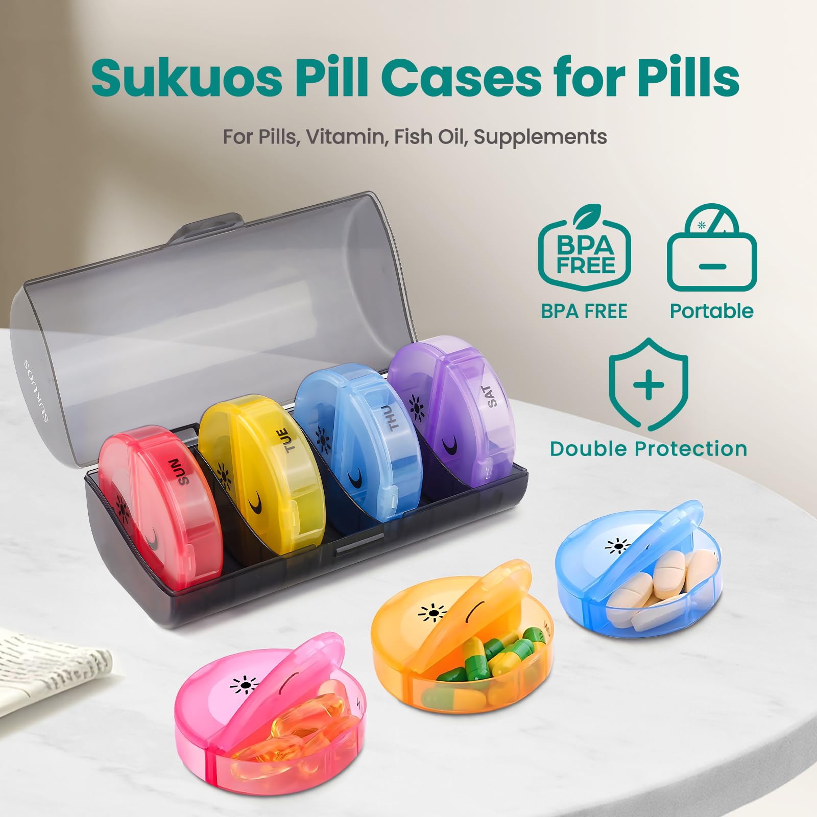 a plastic container with different colored pills with text: 'Sukuos Pill Cases for Pills For Pills, Vitamin, Fish Oil, Supplements BPA FREE BPA FREE Portable sonans + THU Double Protection TUE SUN'