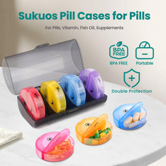 a plastic container with different colored pills with text: 'Sukuos Pill Cases for Pills For Pills, Vitamin, Fish Oil, Supplements BPA FREE BPA FREE Portable sonans + THU Double Protection TUE SUN'