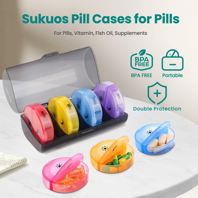 a plastic container with different colored pills with text: 'Sukuos Pill Cases for Pills For Pills, Vitamin, Fish Oil, Supplements BPA FREE BPA FREE Portable sonans + THU Double Protection TUE SUN'