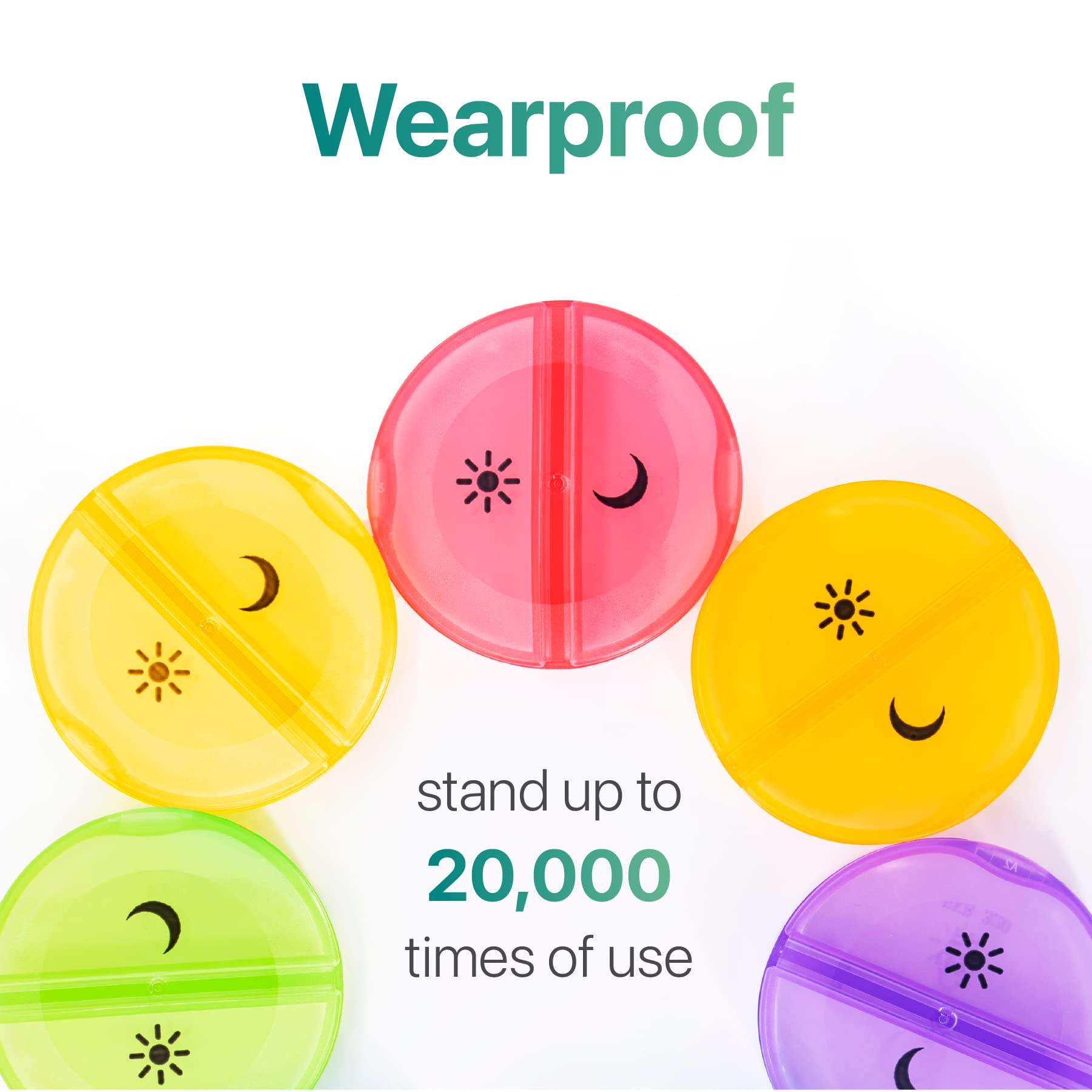 a group of colorful round objects with different colors with text: 'Wearproof stand up to 20,000 times of use'