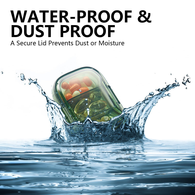 a container of pills falling into water with text: 'WATER-PROOF & DUST PROOF A Secure Lid Prevents Dust or Moisture'