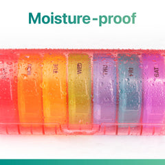 a plastic container with different colored round objects with text: 'Moisture-proof SAT'