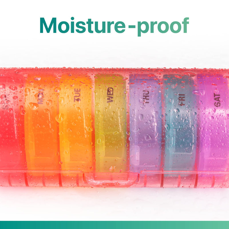 a plastic container with different colored round objects with text: 'Moisture-proof SAT'