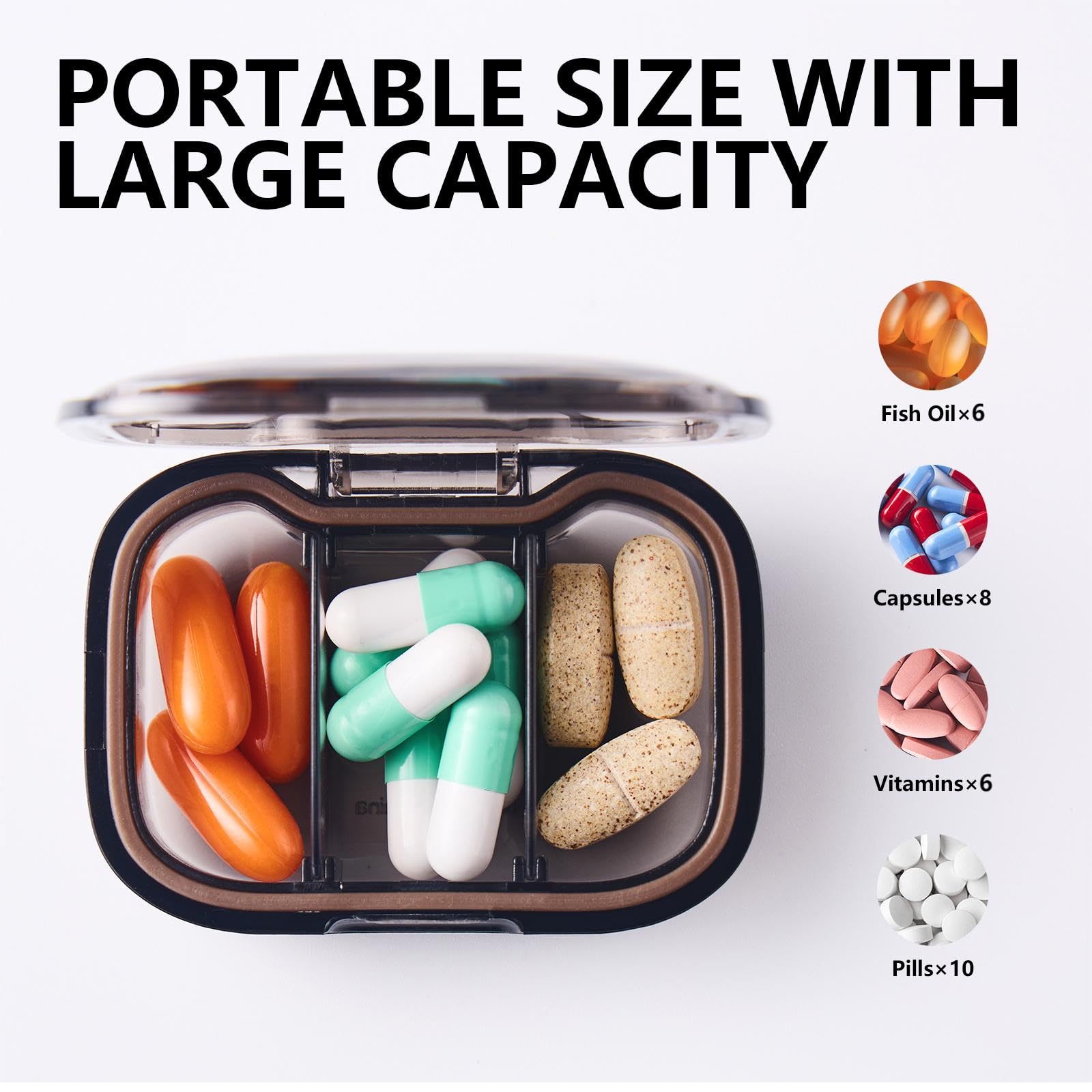 a container of pills and capsules with text: 'PORTABLE SIZE WITH LARGE CAPACITY Fish Capsules×8'