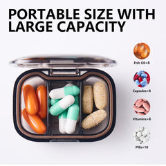 a container of pills and capsules with text: 'PORTABLE SIZE WITH LARGE CAPACITY Fish Capsules×8'