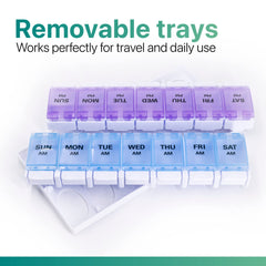 a group of plastic containers with different colors with text: 'Removable trays Works perfectly for travel and daily use PM PM PM PM PM PM PM SUN MON TUE WED THU FRI SAT SUN MON TUE WED THU FRI SAT AM AM AM AM AM AM'