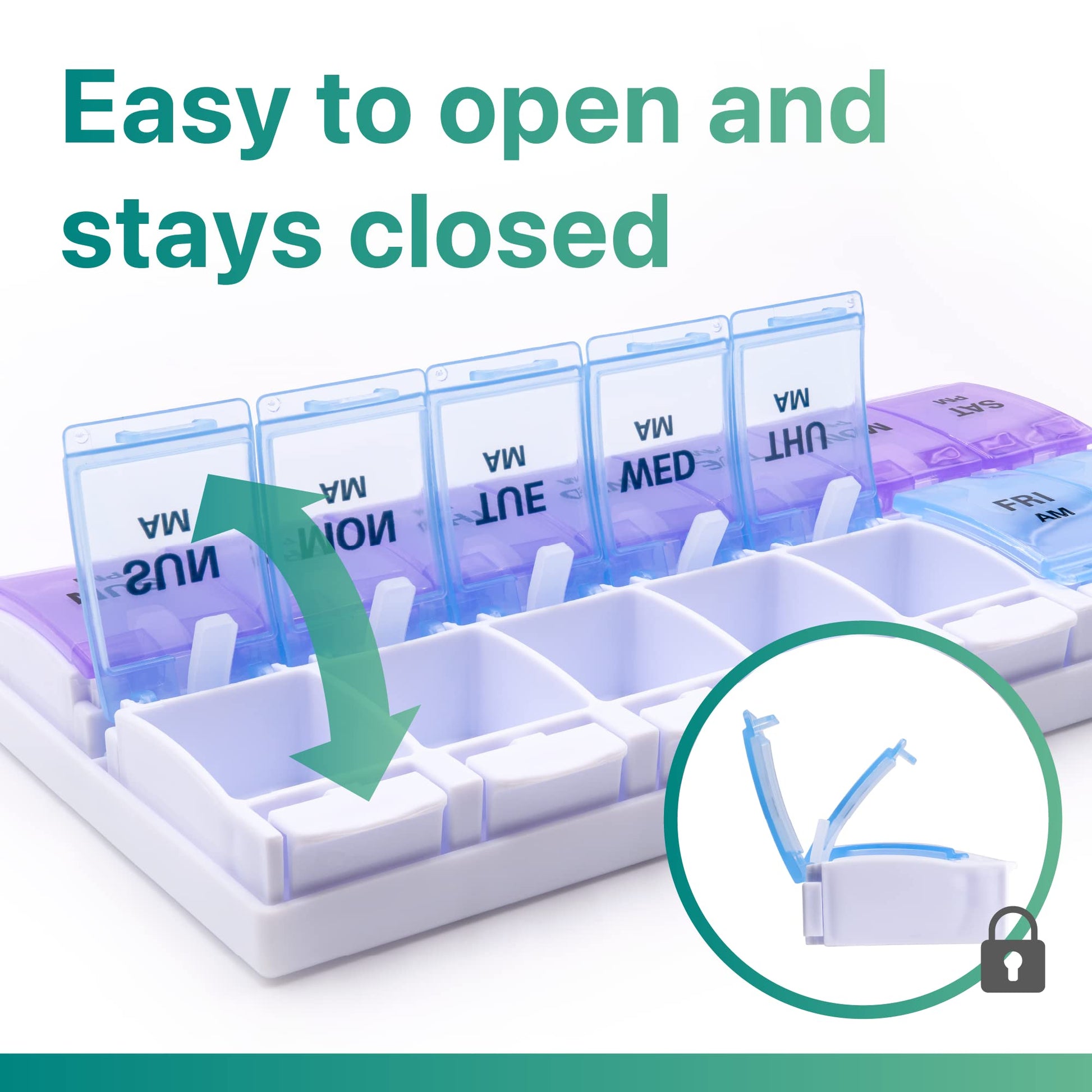 a plastic pill organizer with a number of compartments with text: 'UHT MA MA MED MA MA MA stays closed Easy to open and'