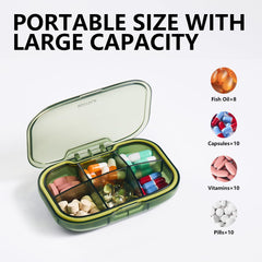 a pill box with different pills in it with text: 'PORTABLE SIZE WITH LARGE CAPACITY Fish 10'