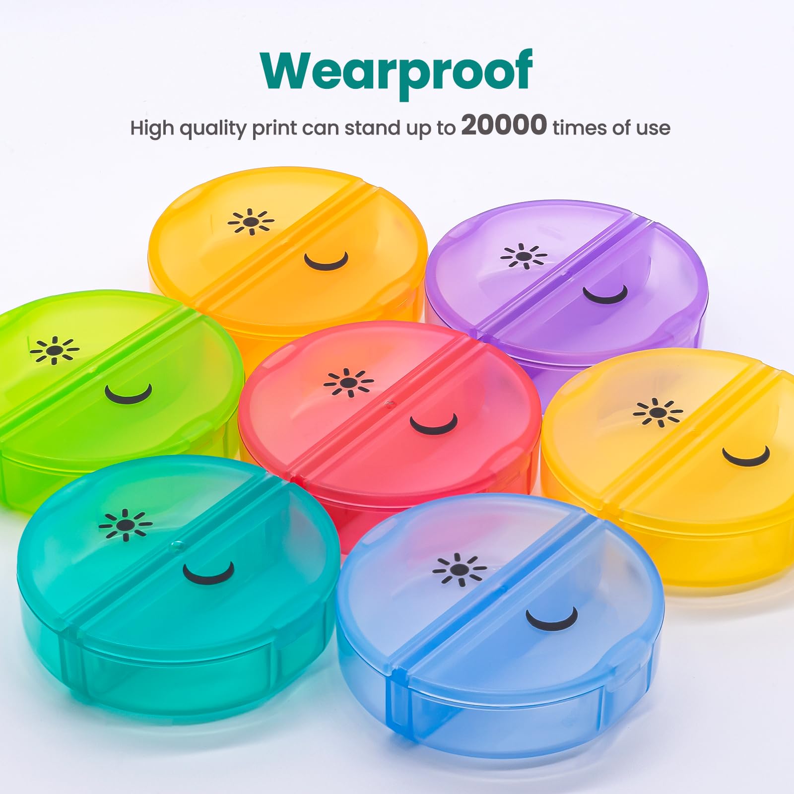 a group of colorful plastic containers with text: 'Wearproof High quality print can stand up to 20000 times of use'