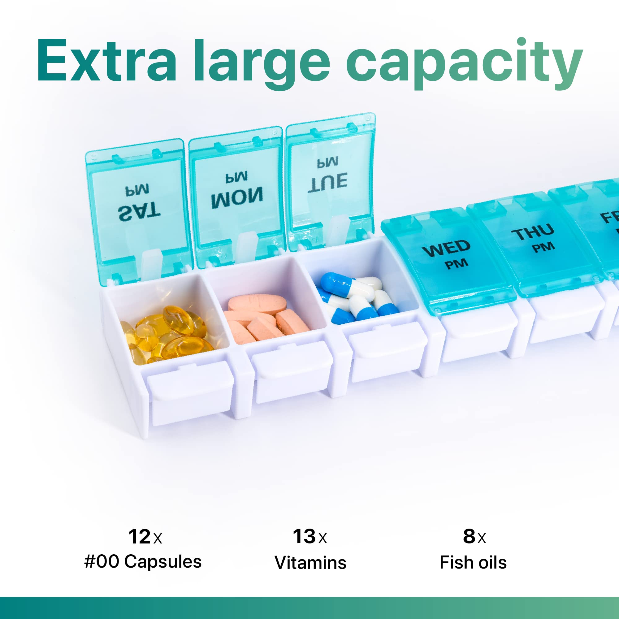 a pill organizer with different pills in it with text: 'Extra large capacity bW bW ИОМ THU WED PM PM 12x 13x #00 Capsules Vitamins Fish oils'