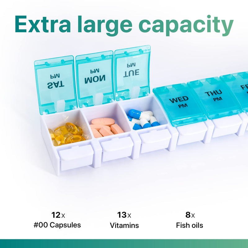 a pill organizer with different pills in it with text: 'Extra large capacity bW bW ИОМ THU WED PM PM 12x 13x #00 Capsules Vitamins Fish oils'