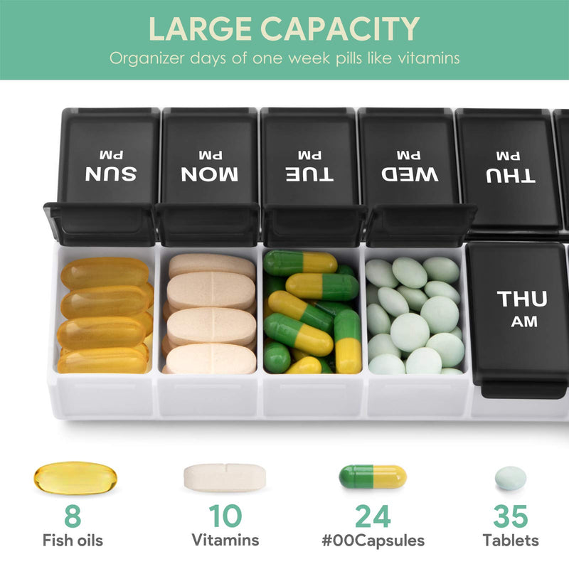 a pill organizer with different pills with text: 'LARGE CAPACITY Organizer days of one week pills like vitamins PM PM PM PM PM SUN MON TUE WED THU THU AM 8 10 24 35 Fish oils Vitamins #00Capsules Tablets'