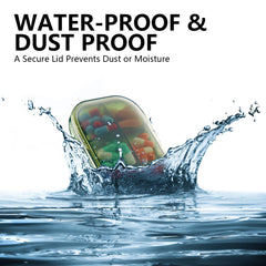 a container of pills falling into water with text: 'WATER-PROOF & DUST PROOF A Secure Lid Prevents Dust or Moisture a'