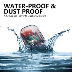 a container of pills falling into water with text: 'WATER-PROOF & DUST PROOF A Secure Lid Prevents Dust or Moisture 9'