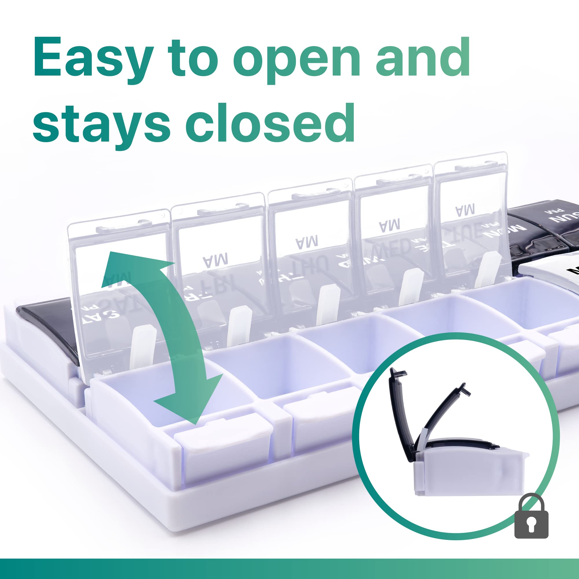 a plastic organizer with a plastic lid with text: 'MA MA MA MA stays closed Easy to open and'