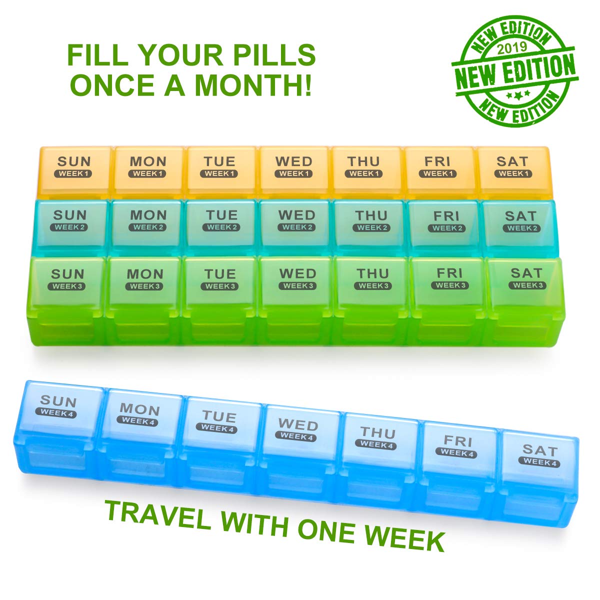 a plastic pill organizer with different colors with text: 'FILL YOUR PILLS NEW EDITION 2019 ONCE A MONTH! NEW EDITION NEW EDITION SUN MON TUE WED THU FRI SAT WEEK 1 WEEK 1 WEEK 1 WEEK 1 WEEK 1 WEEK 1 WEEK 1 SUN MON TUE WED THU FRI SAT WEEK 2 WEEK 2 WEEK 2 WEEK 2 WEEK 2 WEEK 2 WEEK 2 SUN MON TUE WED THU FRI SAT WEEK 3 WEEK 3 WEEK 3 WEEK 3 WEEK 3 WEEK 3 WEEK 3 SUN WEEK 4 MON WEEK 4 TUE WEEK 4 WED WEEK 4 THU WEEK4 FRI WEEK 4 SAT WEEK 4 TRAVEL WITH ONE WEEK'