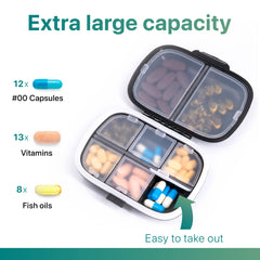 a pill box with different pills with text: 'Extra large capacity 12x #00 Capsules 13x Vitamins 8x Fish oils Easy to take out'