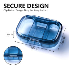 a blue plastic container with a clip button with text: 'SECURE DESIGN Clip Button Design, Drop but Keep Locked SCATOLA 2.0in"W 2.8in SCATOLA'