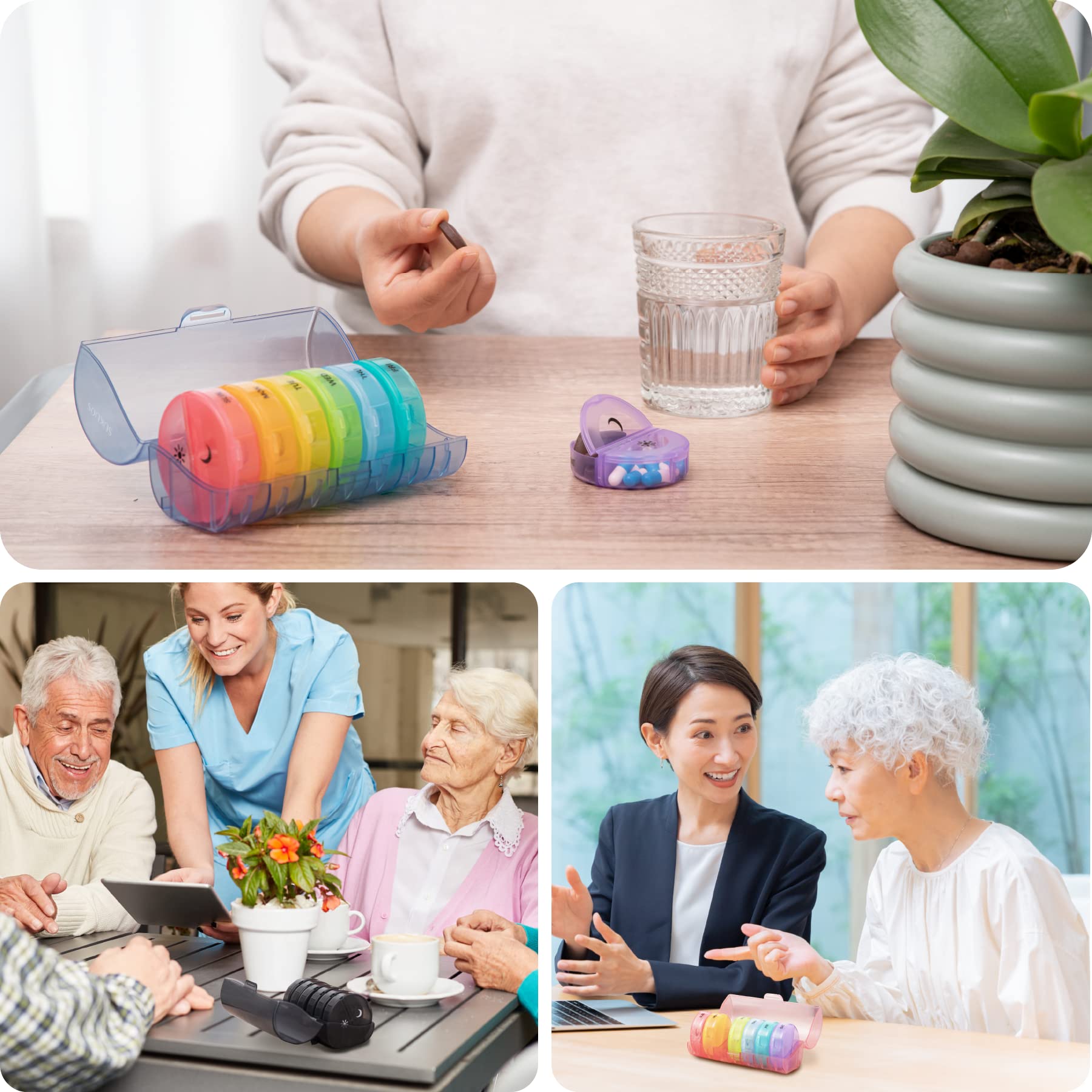 a collage of people sitting at a table