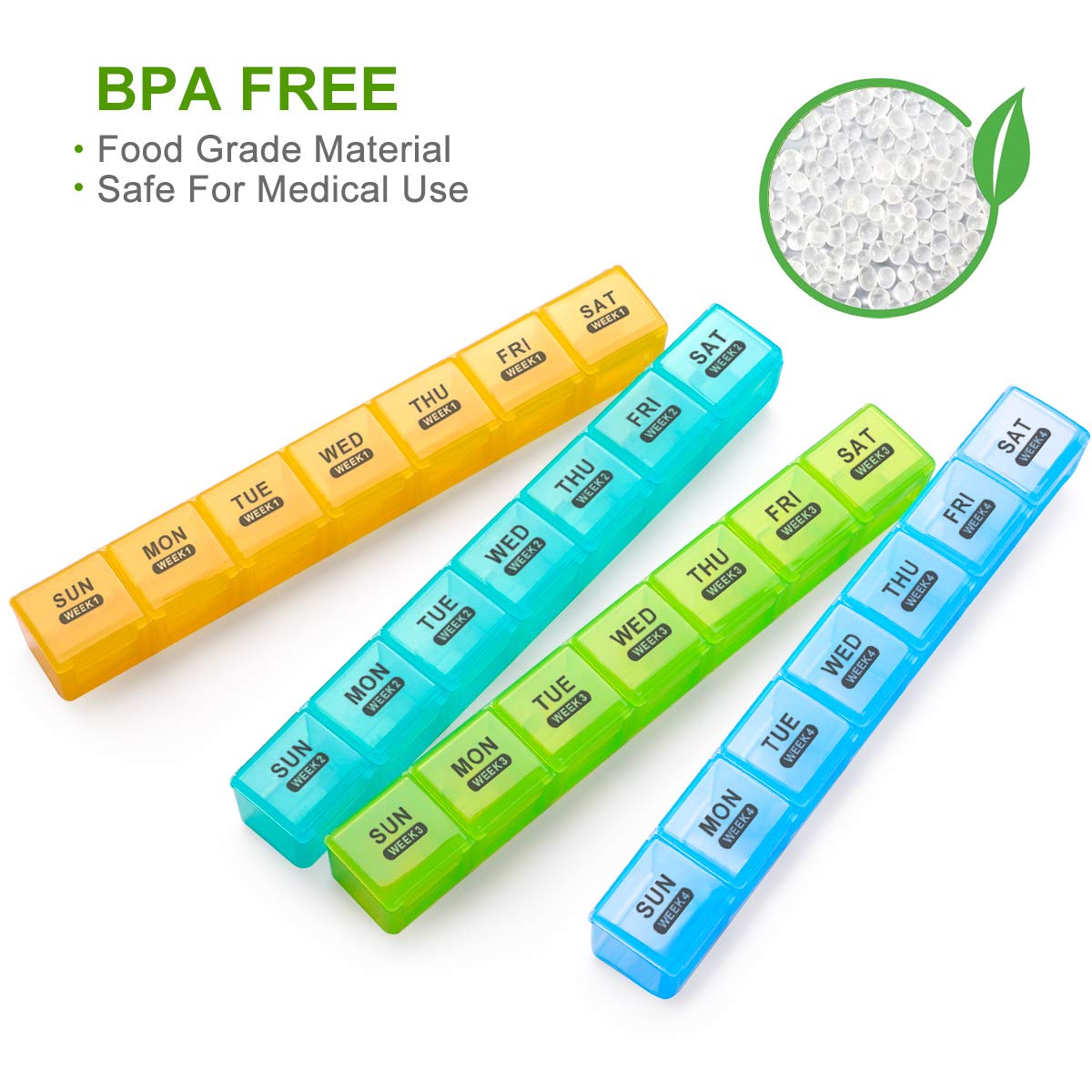 a group of plastic pill boxes with text: 'BPA FREE Food Grade Material Safe For Medical Use SUN WEEK 1 MON WEEK1 TUE WEEK1 WED WEEK1 THU WEEK 1 FRI WEEK1 SAT WEEK 1 THU FRI SAT WEEK 2 MON TUE WED WEEK 2 WEEK 2 SUN WEEK2 WEEK2 WEEK 2 WEEK 2 SUN MON TUE WED THU FRI SAT WEEK 3 WEEK3 WEEK 3 WEEK 3 WEEK3 WEEK 3 WEEK 3 SAT FRI WEEK4 THU WEEK 4 WED WEEK4 TUE WEEK4 MON WEEK4 SUN WEEK 4 WEEK4'