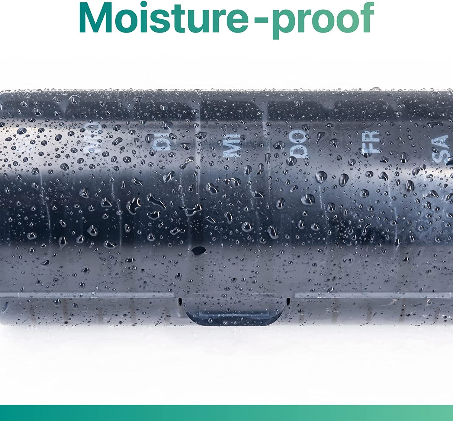 a black plastic container with water droplets on it with text: 'Moisture-proof'