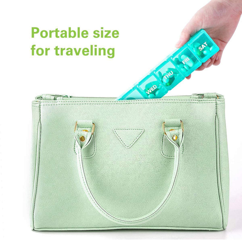 a hand holding a pill box with text: 'Portable size for traveling WED THU FRI SAT'