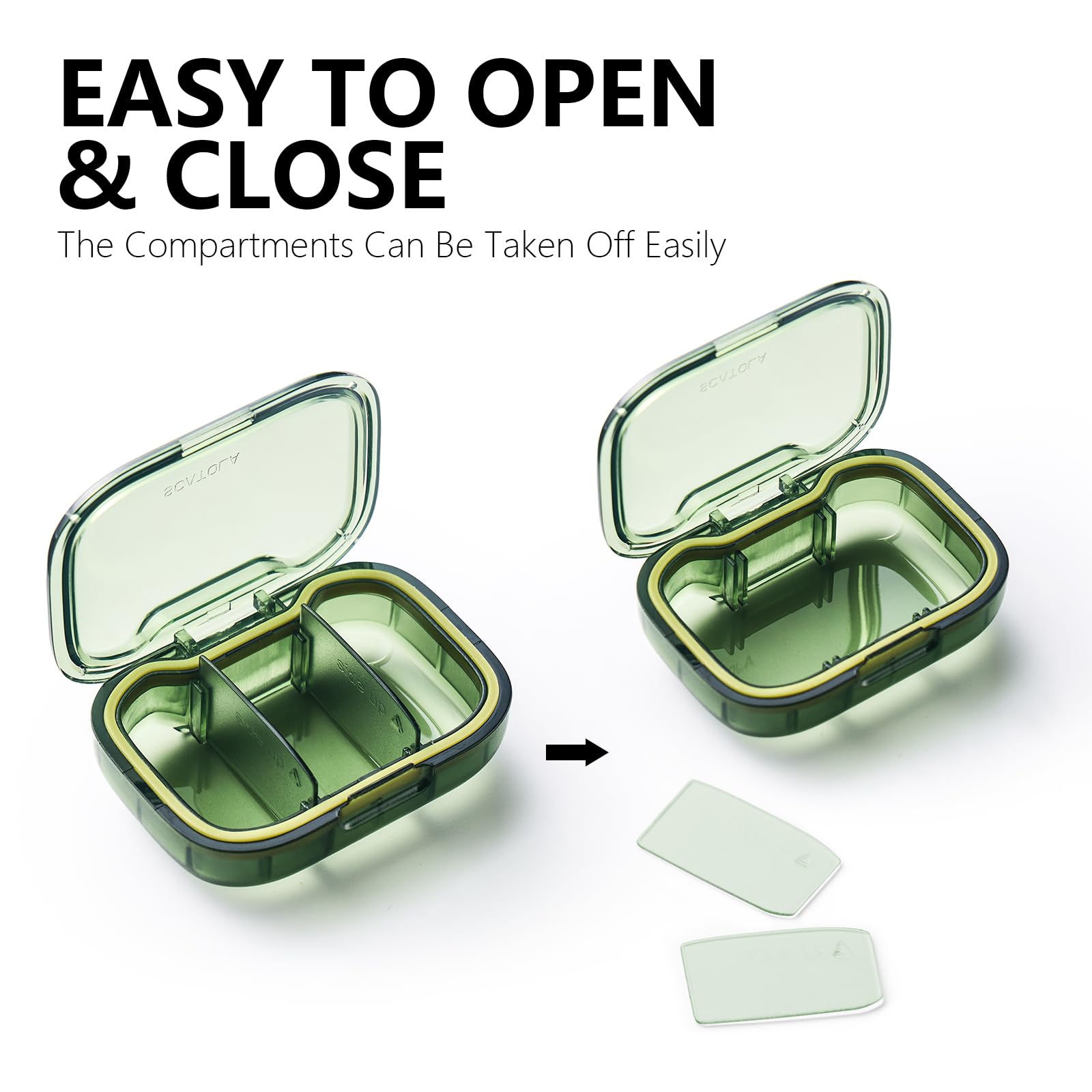 a green plastic container with a lid open with text: 'EASY TO OPEN & CLOSE The Compartments Can Be Taken Off Easily'