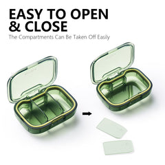 a green plastic container with a lid open with text: 'EASY TO OPEN & CLOSE The Compartments Can Be Taken Off Easily'