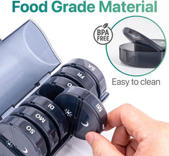 a hand holding a pill organizer with text: 'SO MO DI MI O FR SA Easy to clean Food Grade Material FREE BPA'