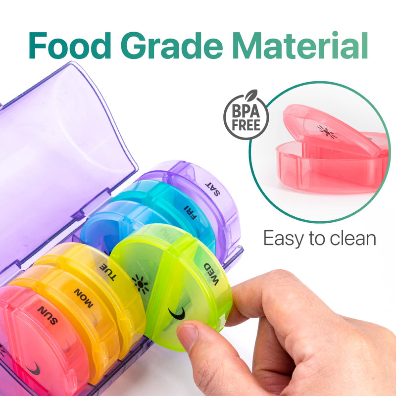 a hand holding a plastic container with different colors with text: 'SUN MON TUE WED THU FRI Food Grade Material SAT Easy to clean FREE BPA'