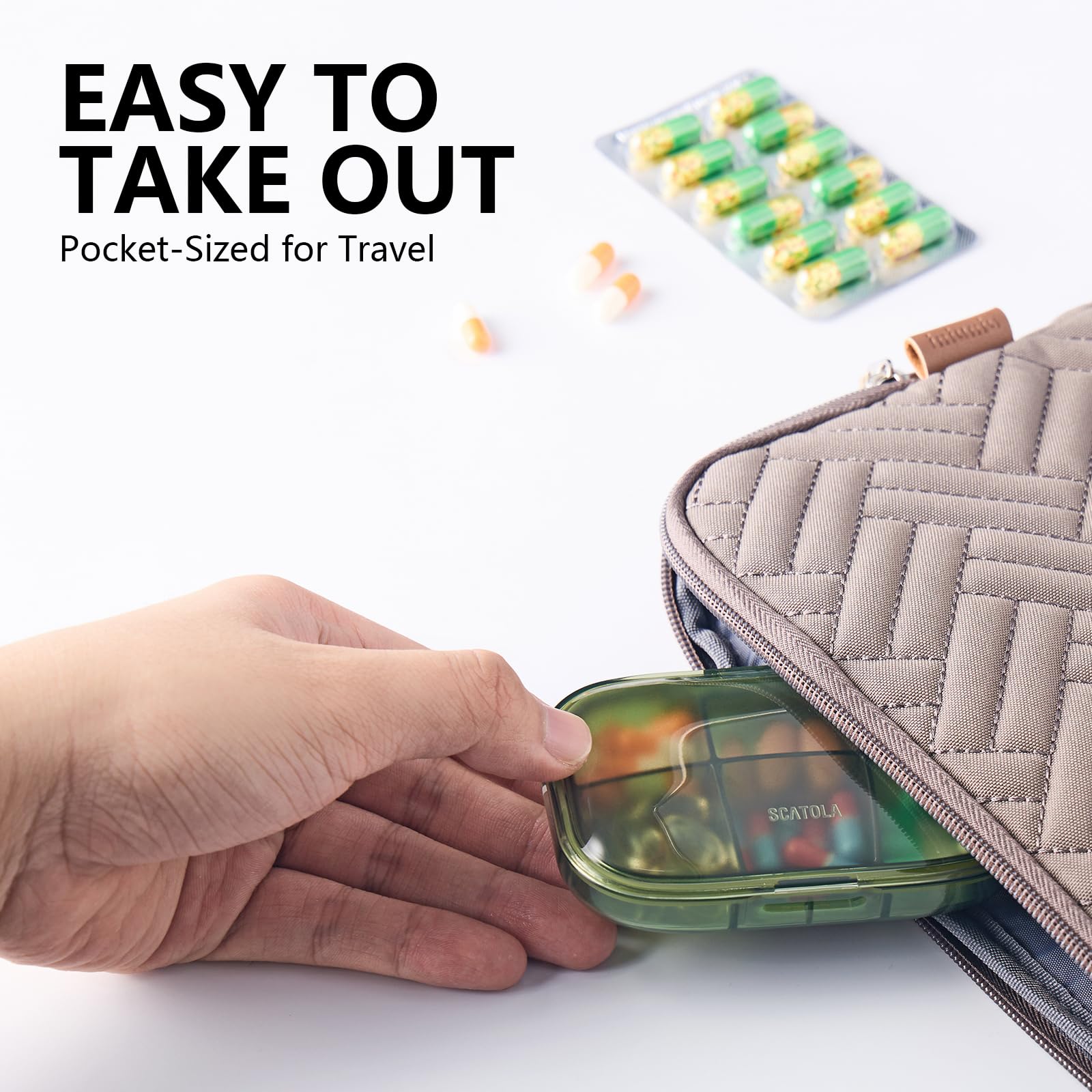 a hand opening a pill container with text: 'EASY TO TAKE OUT Pocket-Sized for Travel SCATOLA'