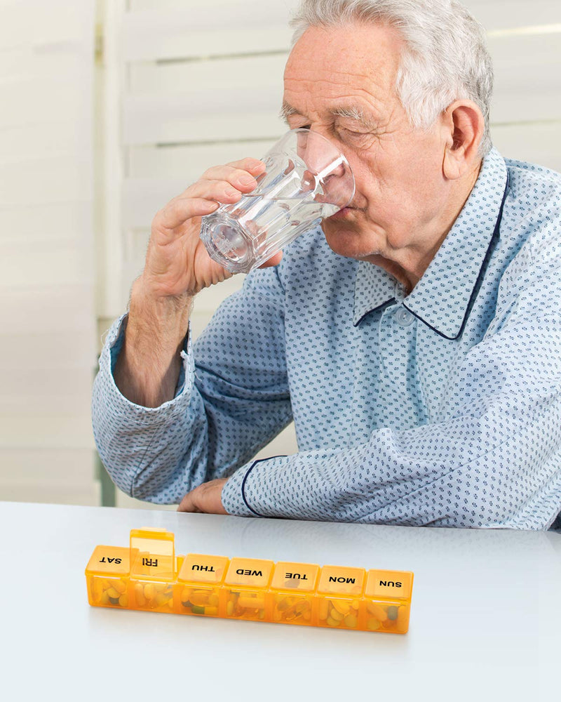 an old person drinking water from a glass with text: 'SUN MON TUE WED THU FRI SAT'