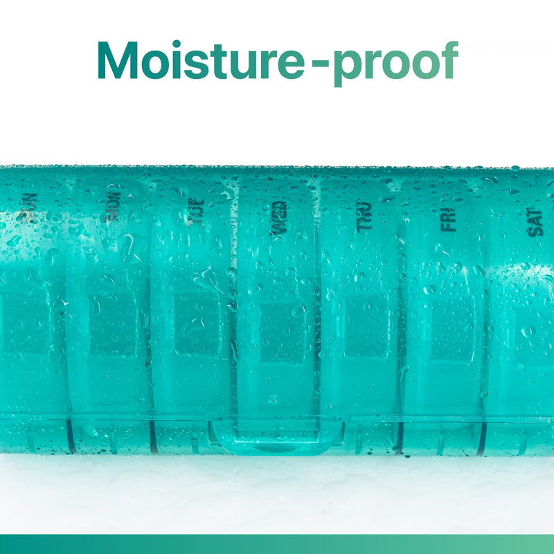 a blue pill box with water drops with text: 'Moisture-proof THU SAT'