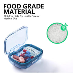 a container of pills and tablets with text: 'FOOD GRADE MATERIAL BPA-free, Safe for Health Care or Medical Use FREE'