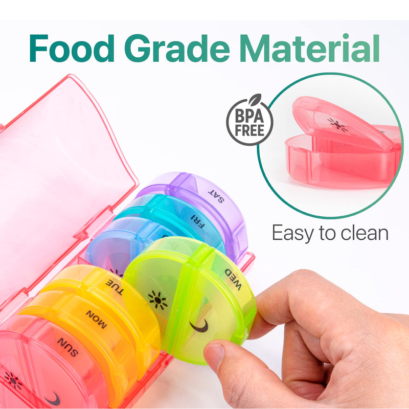 a hand holding a plastic container with different colors with text: 'SUN MON TUE WED FRI SAT Easy to clean Food Grade Material FREE BPA'