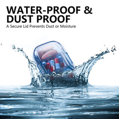 a container of pills falling into water with text: 'WATER-PROOF & DUST PROOF A Secure Lid Prevents Dust or Moisture 9'