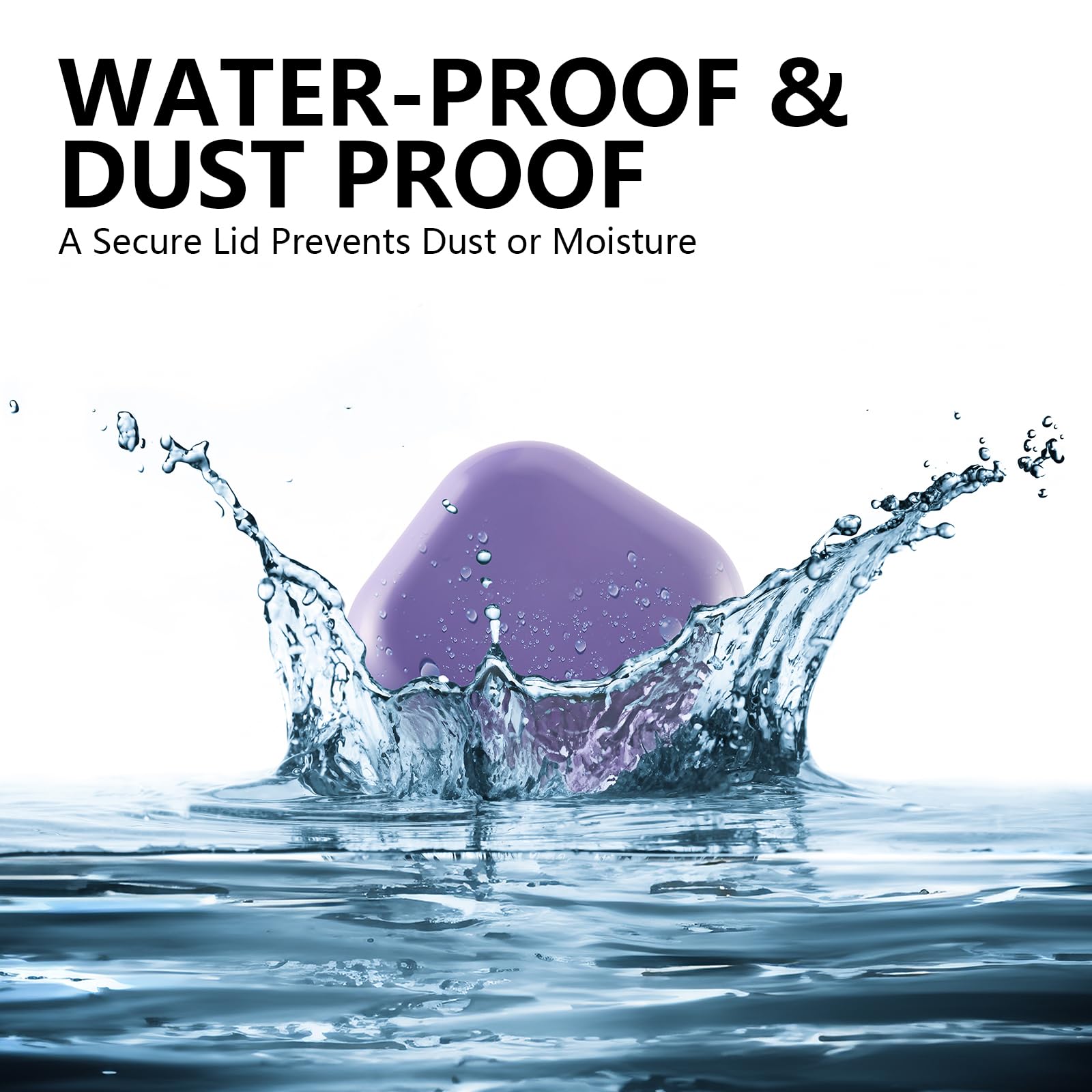 a purple cube splashing into water with text: 'WATER-PROOF & DUST PROOF A Secure Lid Prevents Dust or Moisture 9'