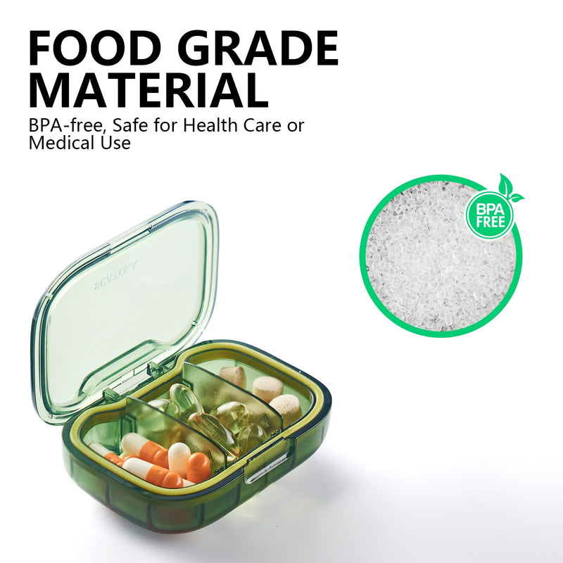 a container with pills in it with text: 'FOOD GRADE MATERIAL BPA-free, Safe for Health Care or Medical Use BPA'