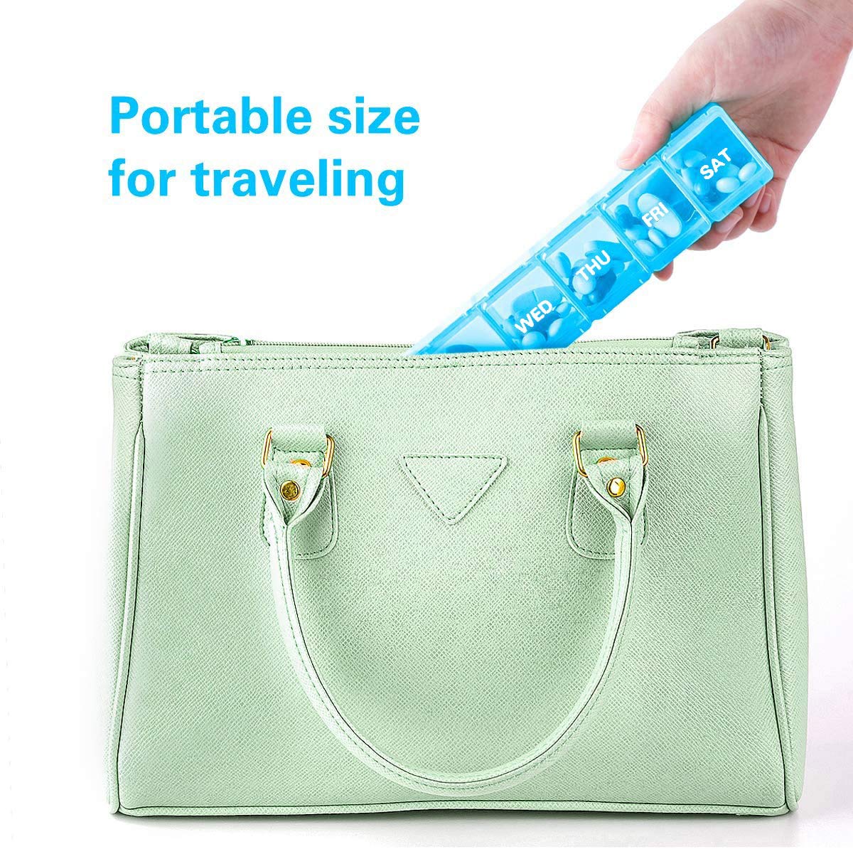 a hand holding a pill box with text: 'Portable size for traveling WED THU FR SAT'