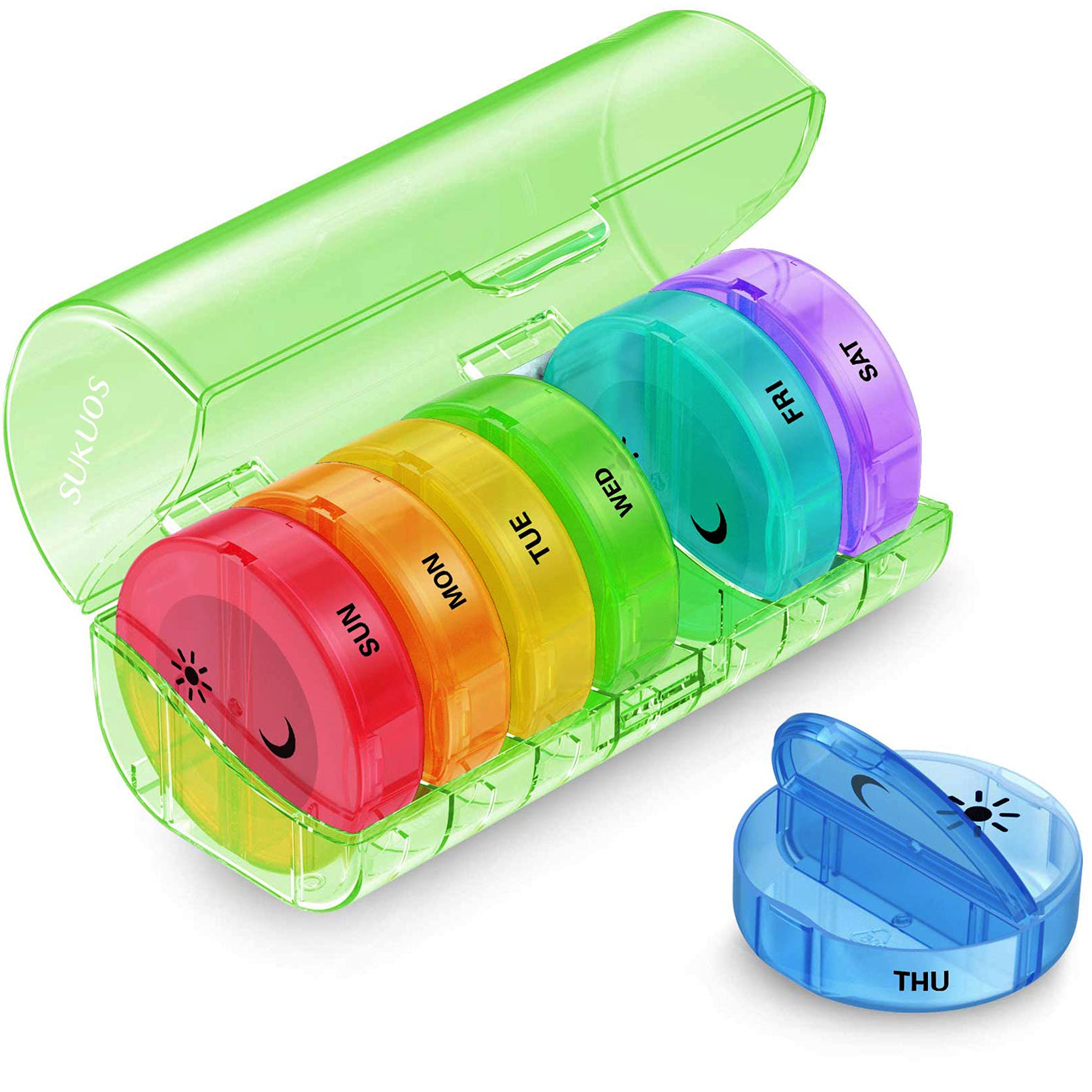 a plastic container with different colors of pills in it with text: 'SUKUOS SUN MON TUE THU WED FRI SAT'