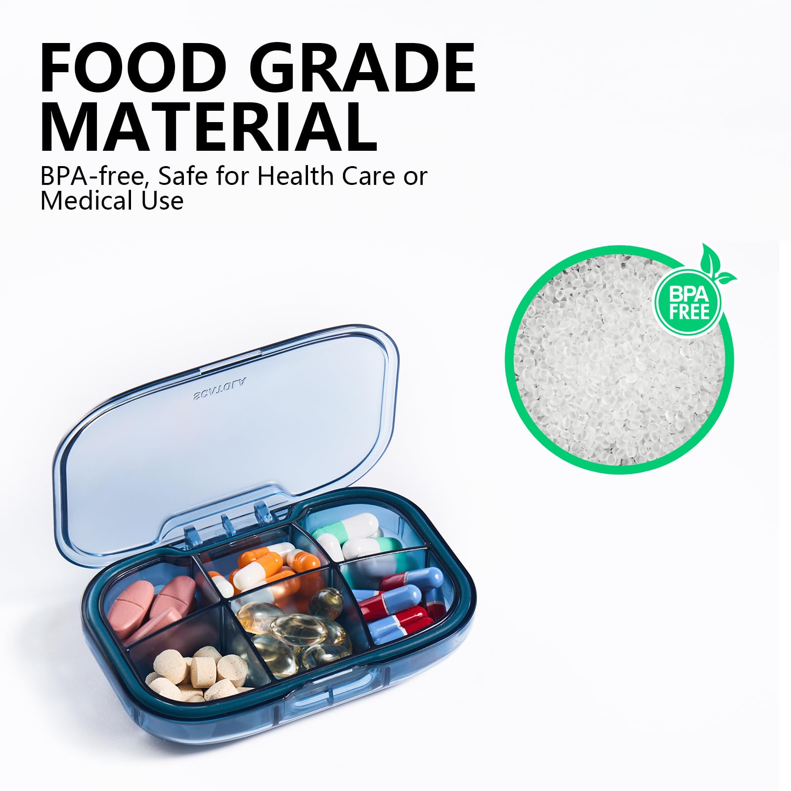 a container with pills and tablets with text: 'FOOD GRADE MATERIAL BPA-free, Safe for Health Care or Medical Use BPA'