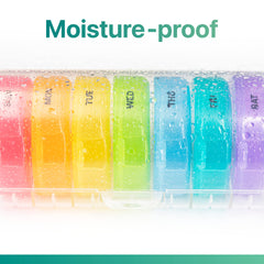 a plastic container with different colored round objects with text: 'Moisture-proof WED SAT'