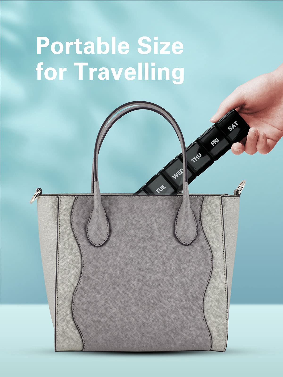 a hand holding a keyboard in a purse with text: 'Portable Size for Travelling TUE WED THU FRI SAT'