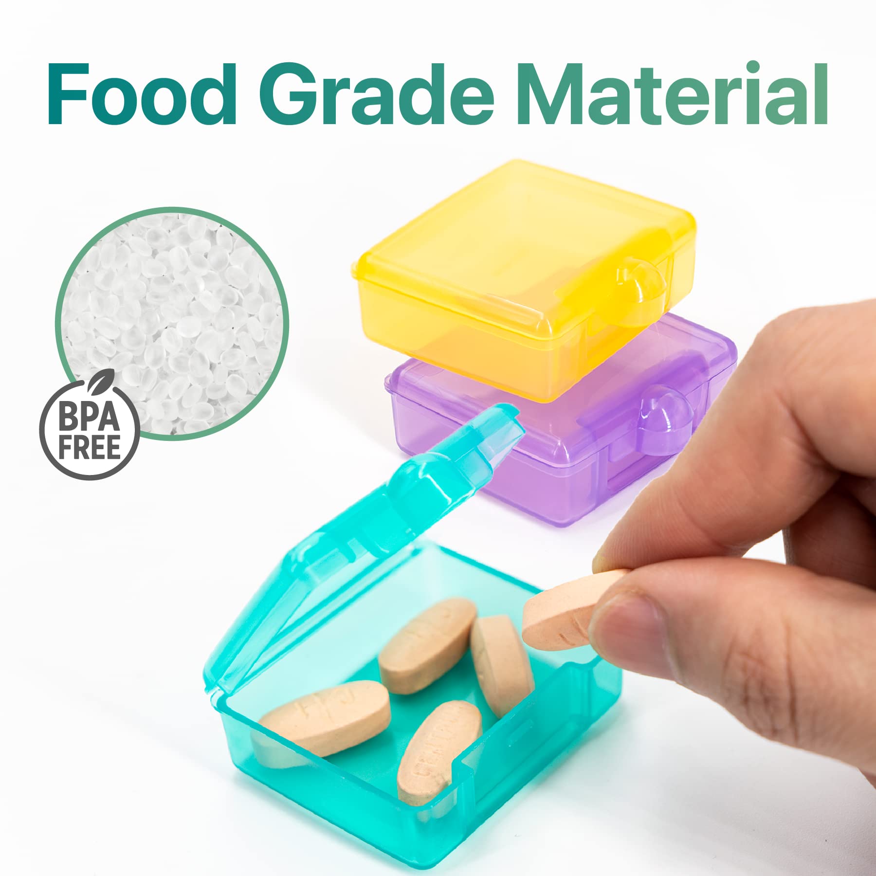 a hand holding a pill in a plastic container with text: 'Food Grade Material BPA FREE'