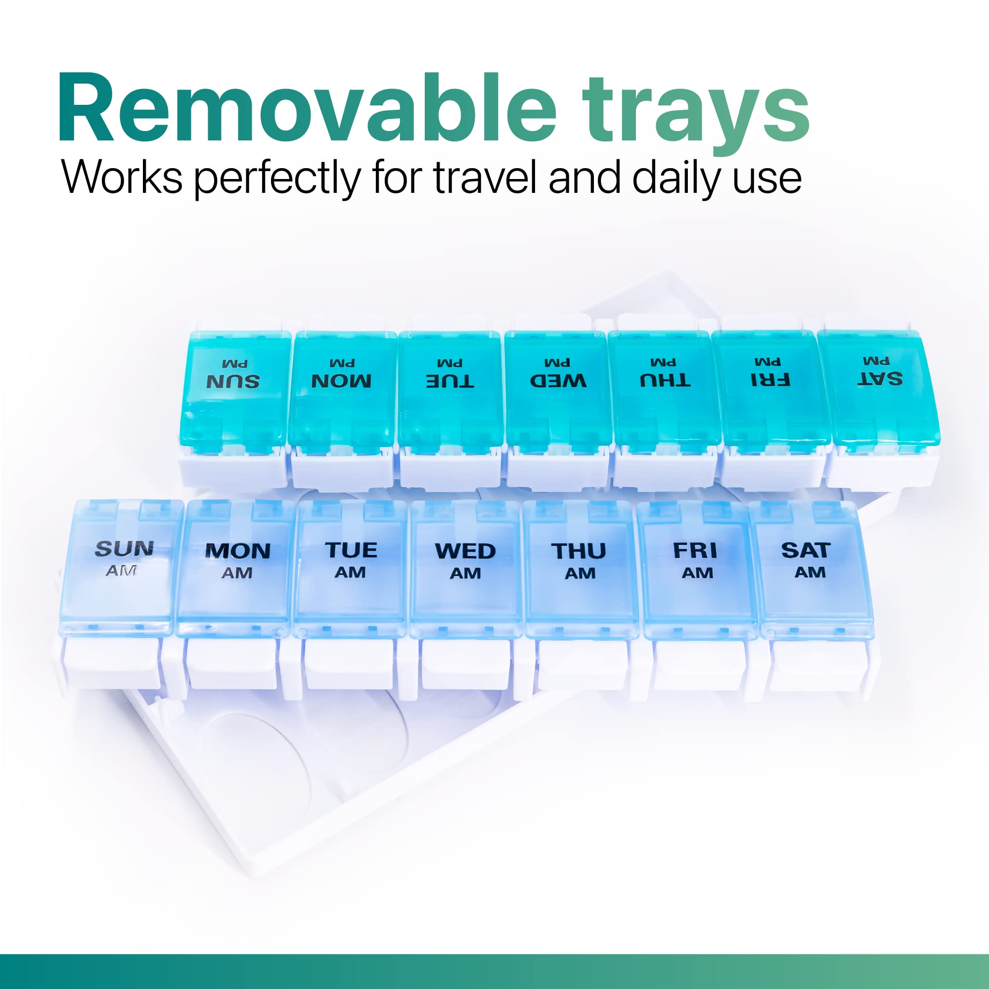 a plastic pill organizer with blue and white plastic containers with text: 'Removable trays Works perfectly for travel and daily use PM PM PM PM PM PM PM SUN MON TUE WED THU FRI SAT SUN MON TUE WED THU SAT AM AN AM AM AM AM AM'