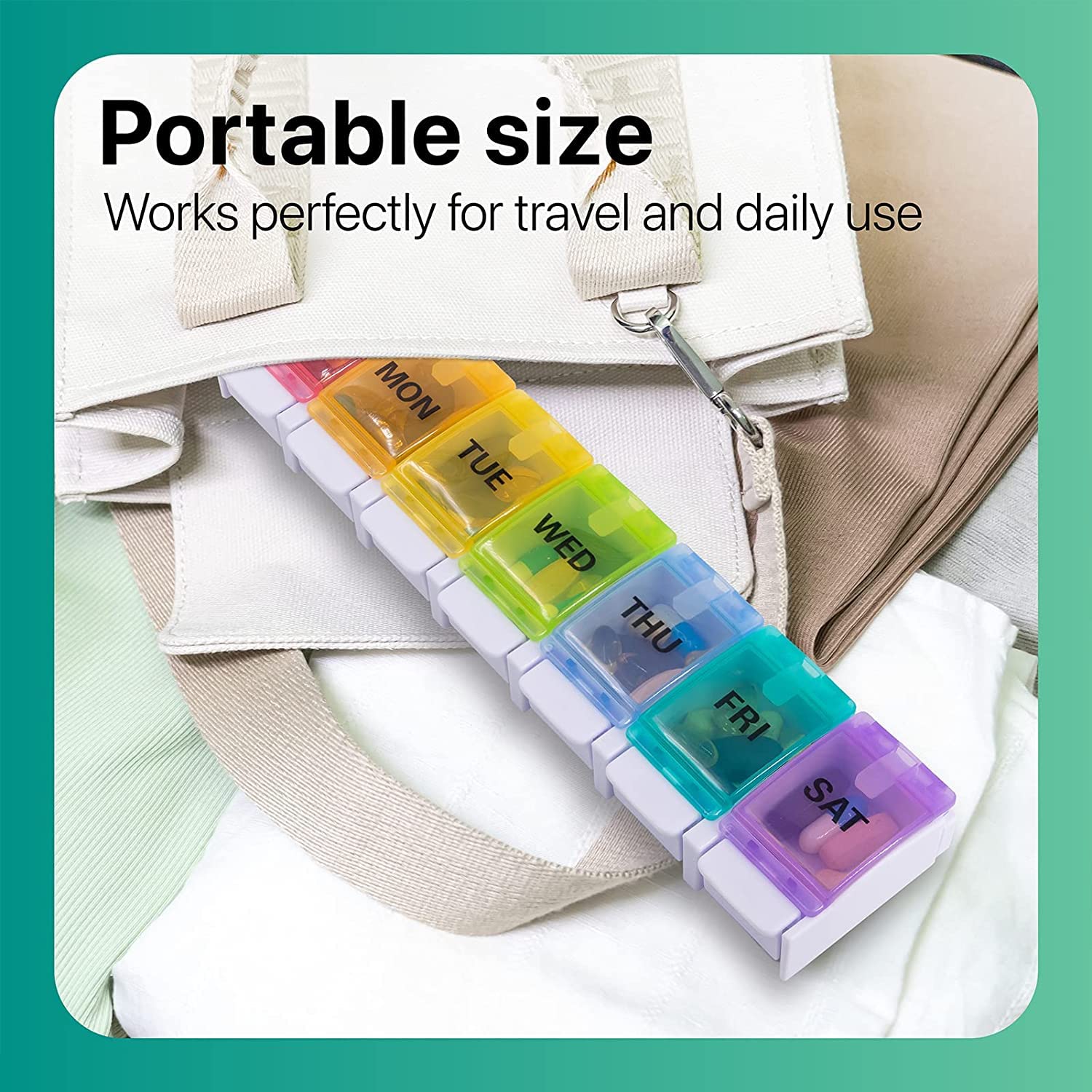 a pill box with different colors with text: 'Portable size MON TUE WED THU FRI SAT Works perfectly for travel and daily use'