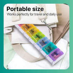 a pill box with different colors with text: 'Portable size MON TUE WED THU FRI SAT Works perfectly for travel and daily use'