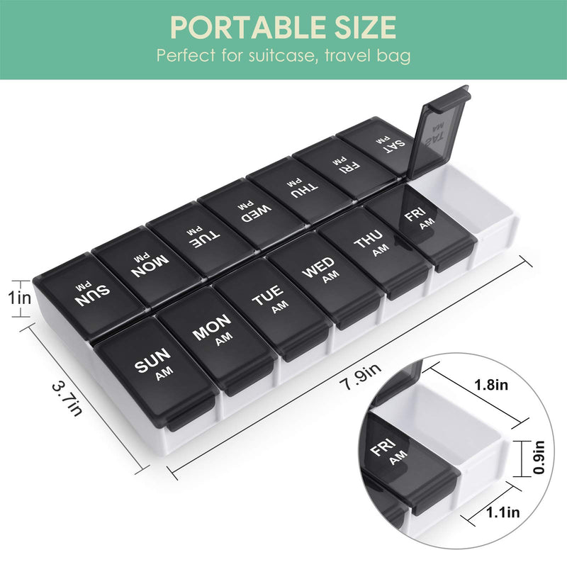 a black and white pill organizer with text: 'PORTABLE SIZE Perfect for suitcase, travel bag 1 in 1 PM SUN NOW PM PM PM TUE PM Wd WED THU PM FRI SAT 3.7in SUN MON TUE WED THU AM AM FRI AM AM AM 7.9in FRI 1.8in AM 1.1in 0.9in'